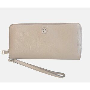 Tory Burch Grey Leather Zip-Around Wallet With Wristlet Strap Gray 9 X 4 Travel